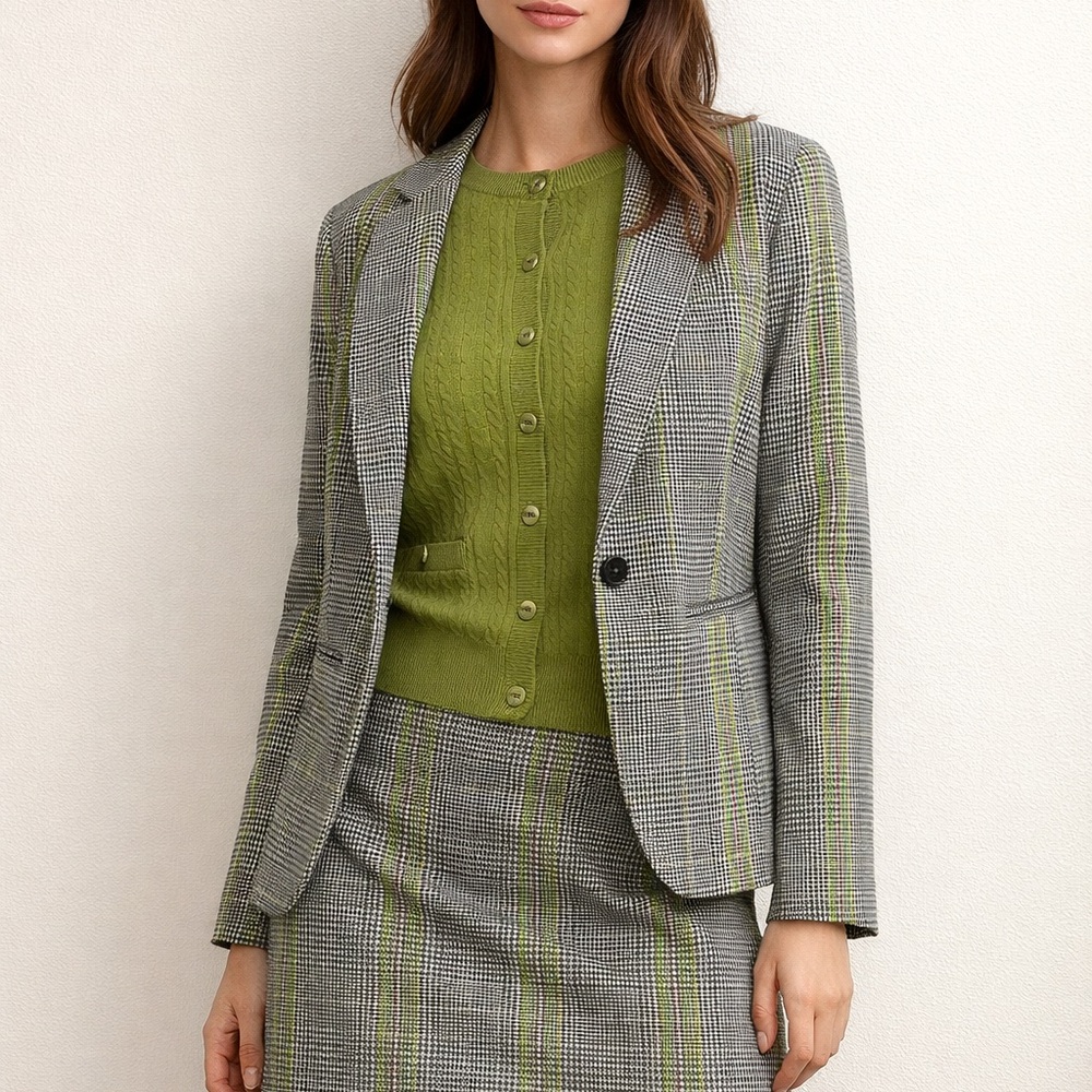 Gray Plaid Blazer with Olive Windowpane - Women's Tailored Suit Jacket
